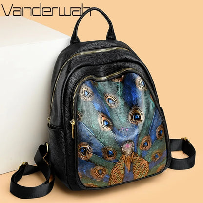 Peacock Feather Print PU Leather Backpack for Women – Large Capacity