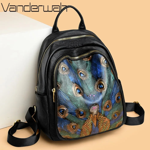 Peacock Feather Print PU Leather Backpack for Women – Large Capacity