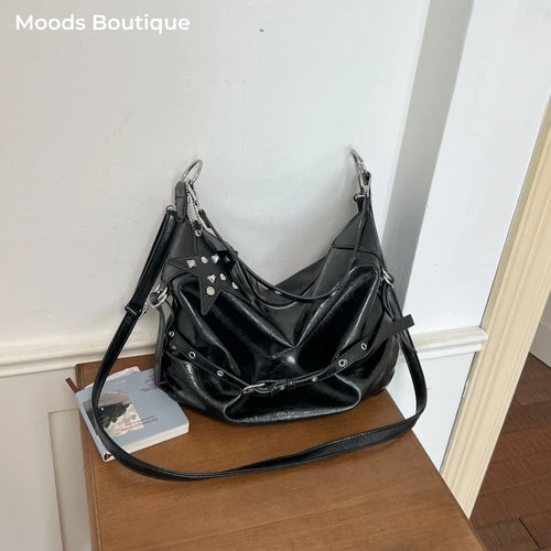 Moods Biker Style Shoulder Hobo Bags Women Soft Pu Leather Large Capacity Shopper Totes Rivets Decor