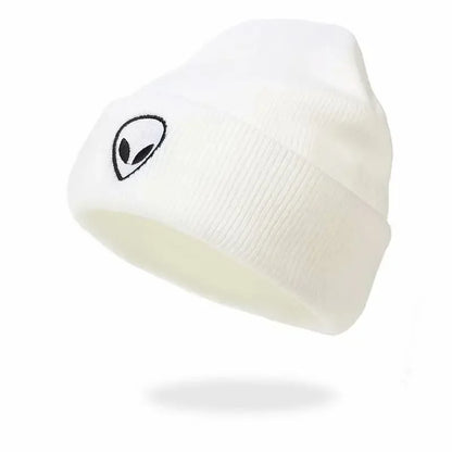 Knitted Beanie Hat with Alien Ghost Skull Embroidery