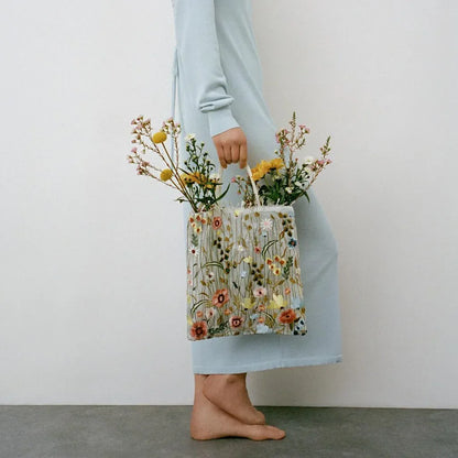 Floral Embroidered Mesh Tote Bag – Handmade Lace Handbag