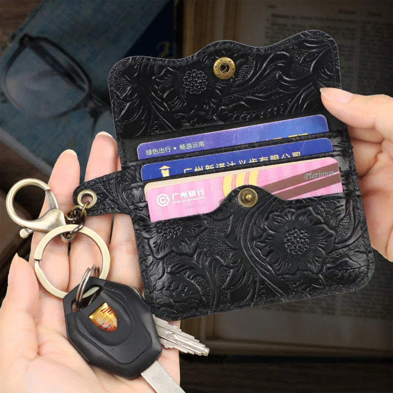 Genuine Leather Coin Purse & Card Holder Wallet with Keyring – Floral Embossed