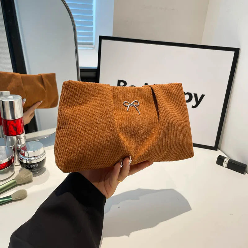 Bow Corduroy Cosmetic Bag Large Capacity Makeup Clutch Purse