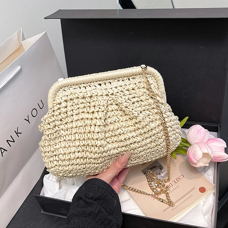 Straw Woven Pillow Clutch Bag – Gold Chain Shoulder Bag Women
