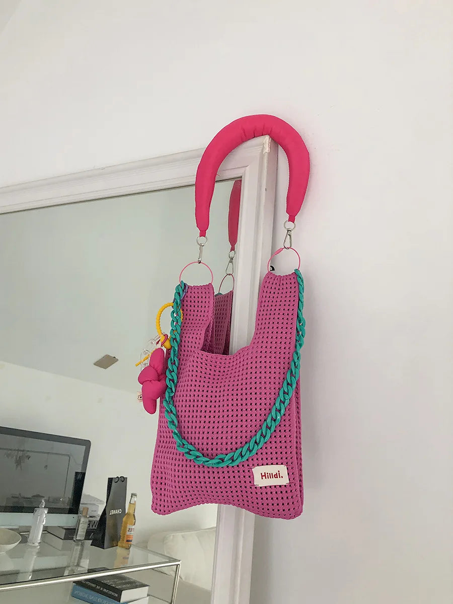 Beach Handbag Girls Summer Rope Hollow Out Hand Woven Shoulder Crossbody Totes Bag Women Knitting