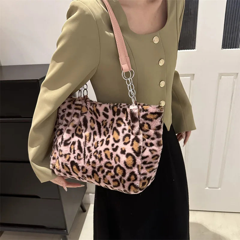 Leopard Print Fluffy Shoulder Bag – Large Capacity Chain Tote