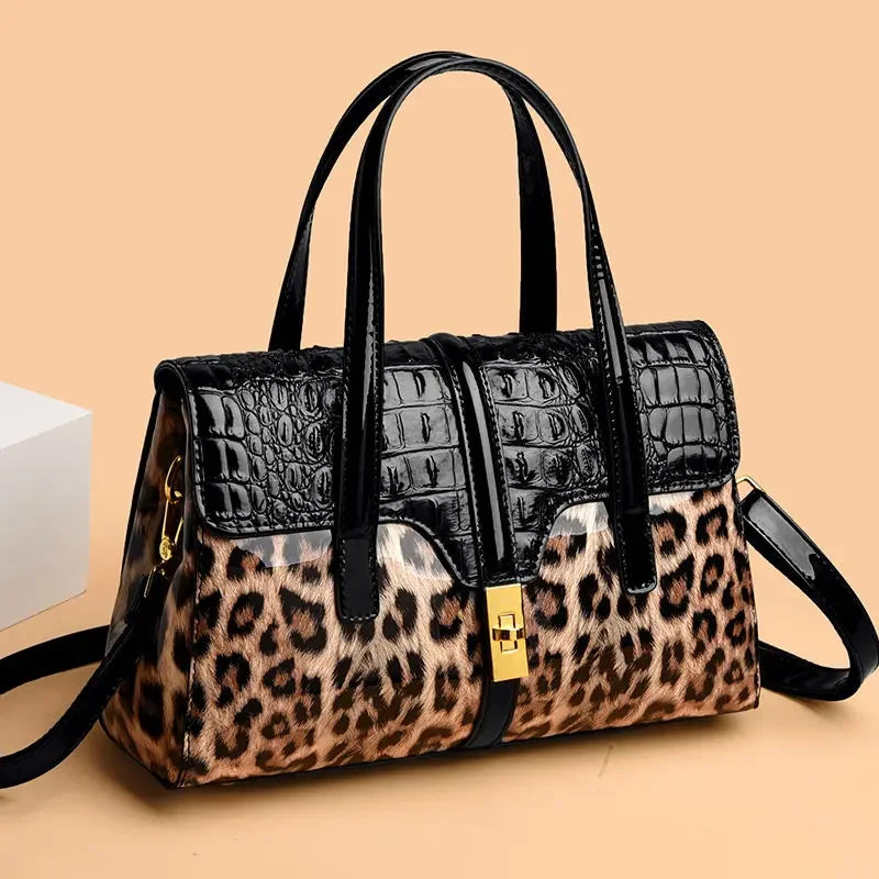 Leopard Print Patent Leather Handbag for Women