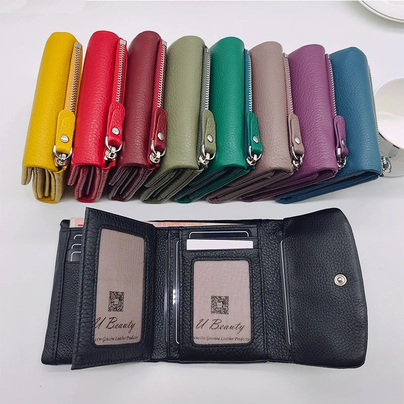 Genuine Leather Tri-Fold Wallet for Women with Hasp Closure