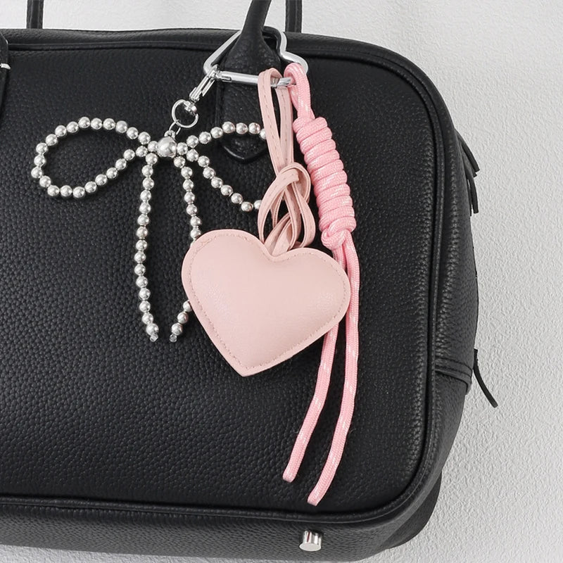 Heart Leather Rope Keychain Bag Charm with Bead Bow