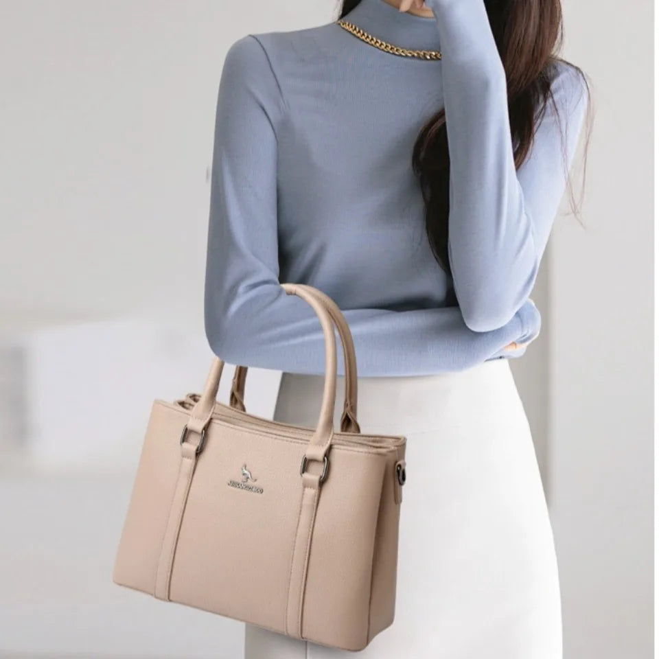 Large Capacity PU Leather Tote Bag – Women's 3-Layer Commute Handbag