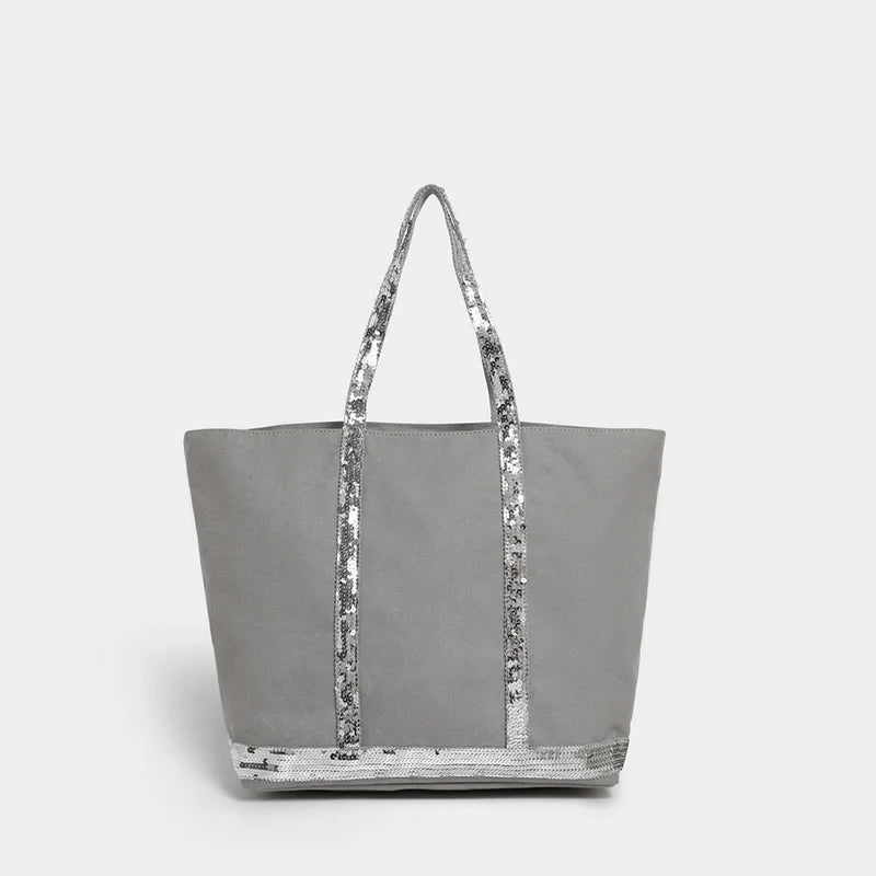Sequin Canvas Tote Bag – Large Capacity Color-Block Handbag