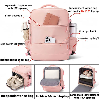 Large Capacity Travel Backpack – 16-Inch Laptop Daypack with Shoe Compartment