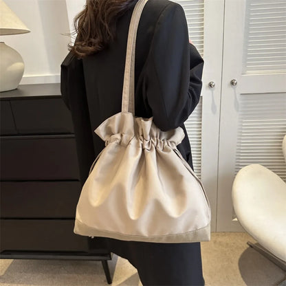 Large Nylon Bucket Bag Women's Casual Drawstring Shoulder Handbag