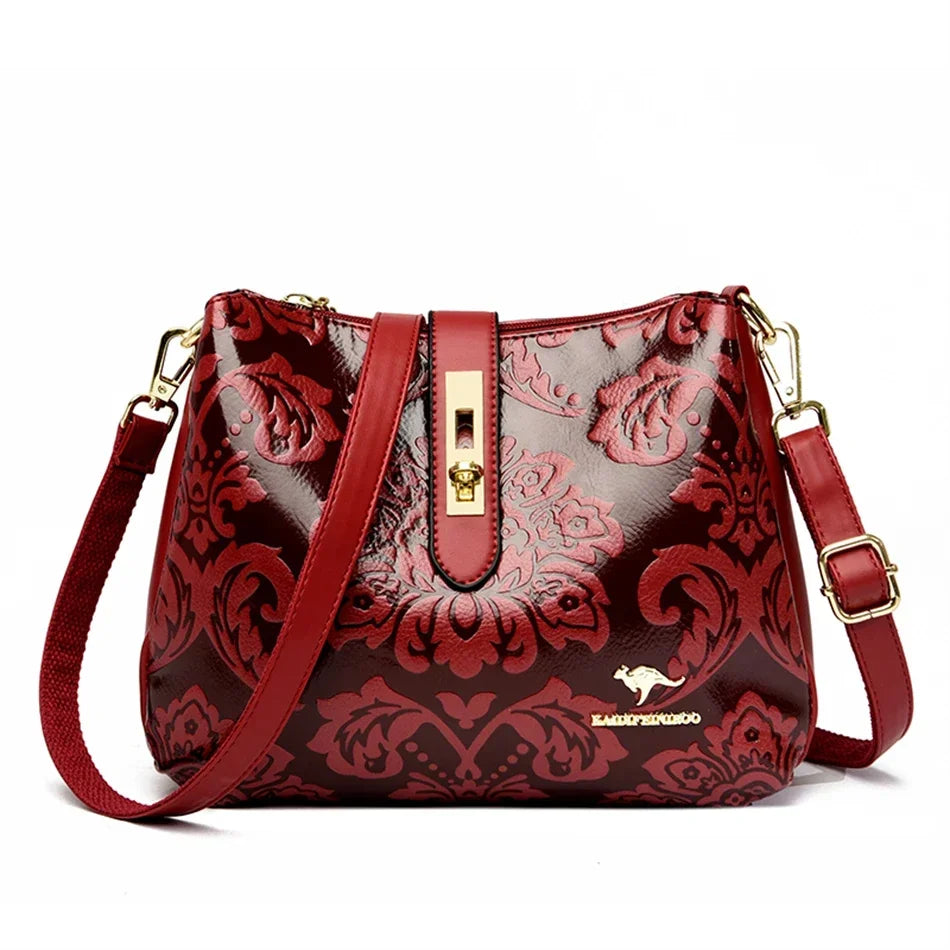 Floral Embossed Leather Women's Crossbody Shoulder Bag – 3-Layer Luxury