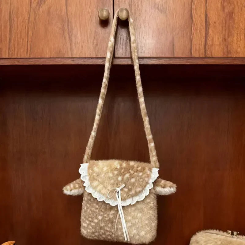 Faux Fur Deer Plush Crossbody Bag – Lolita Bow Design