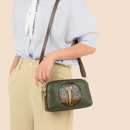 Vintage Elephant Embossed Leather Crossbody Bag for Women – Retro Messenger