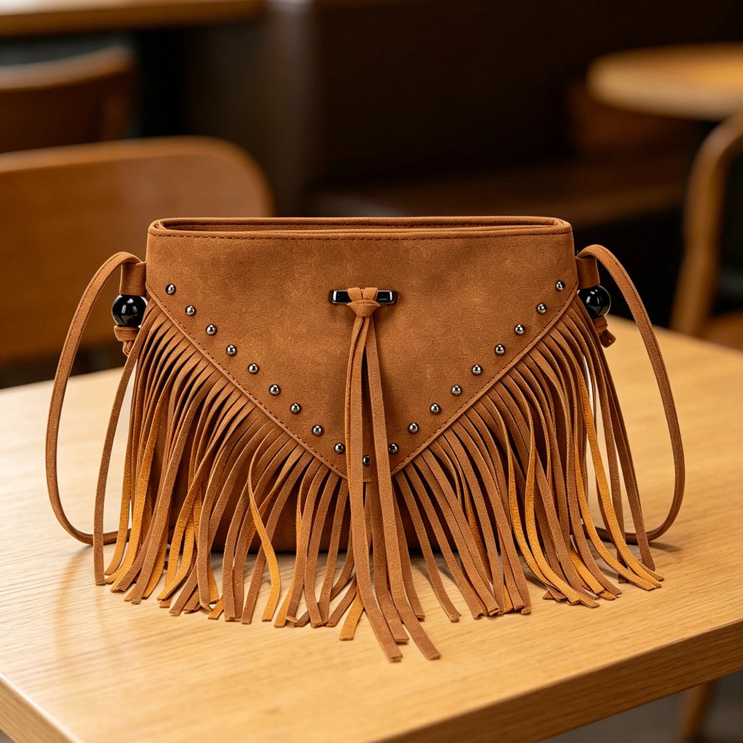 Boho Tassel Crossbody Bag for Women – Studded Fringe Shoulder Bag