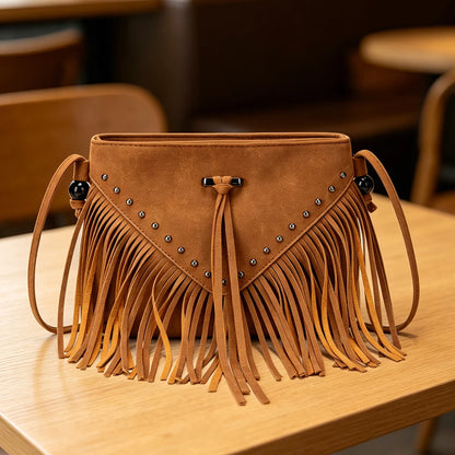 Boho Tassel Crossbody Bag for Women – Studded Fringe Shoulder Bag