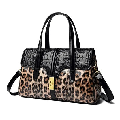 Leopard Print Patent Leather Handbag for Women