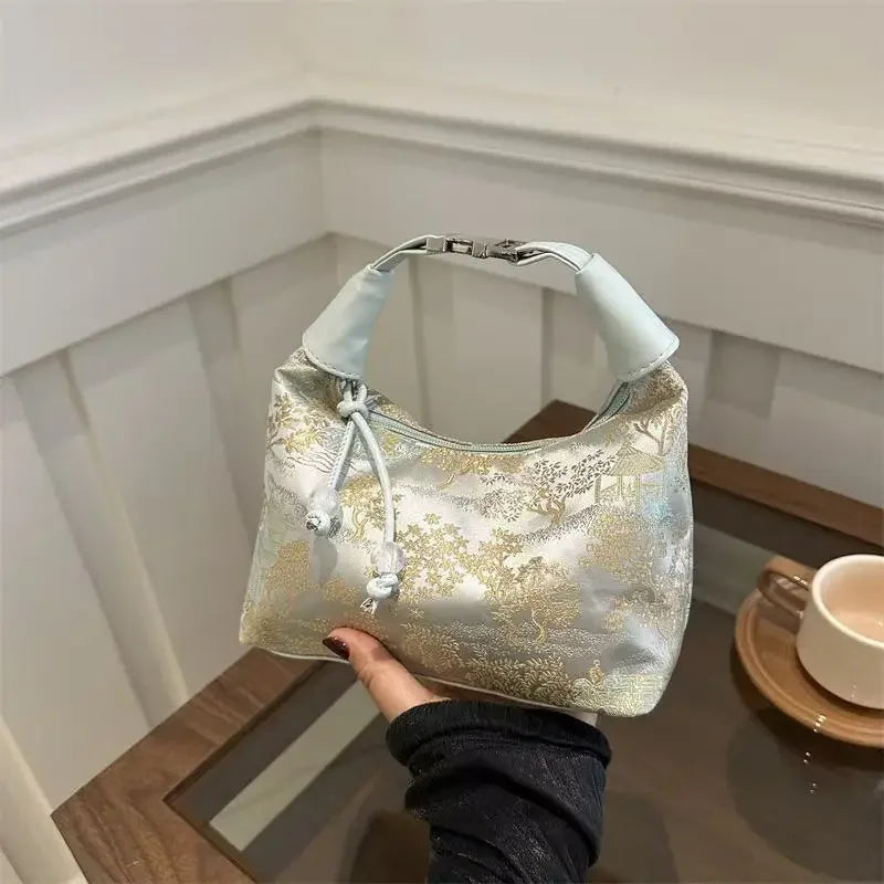 Embroidered Bucket Bag Women's Pearl Crossbody Handbag