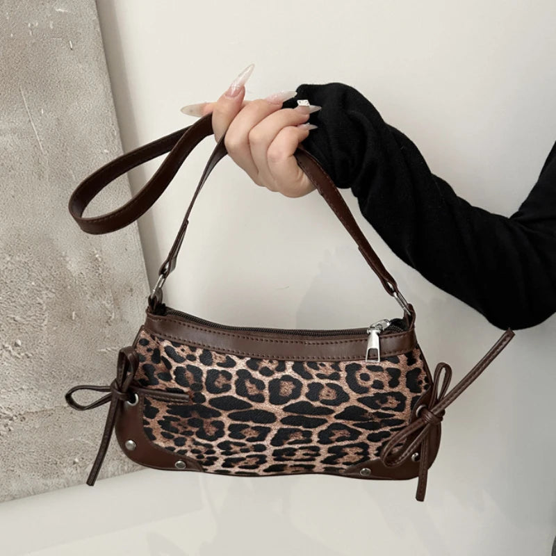 Leopard Print Bow Shoulder Bag – Retro Underarm Handbag for Women
