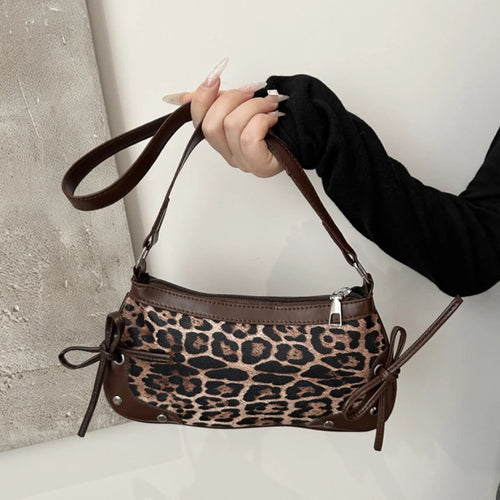 Leopard Print Bow Shoulder Bag – Retro Underarm Handbag for Women