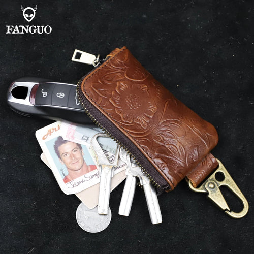 Leather Key Holder Organizer Wallet with Zipper