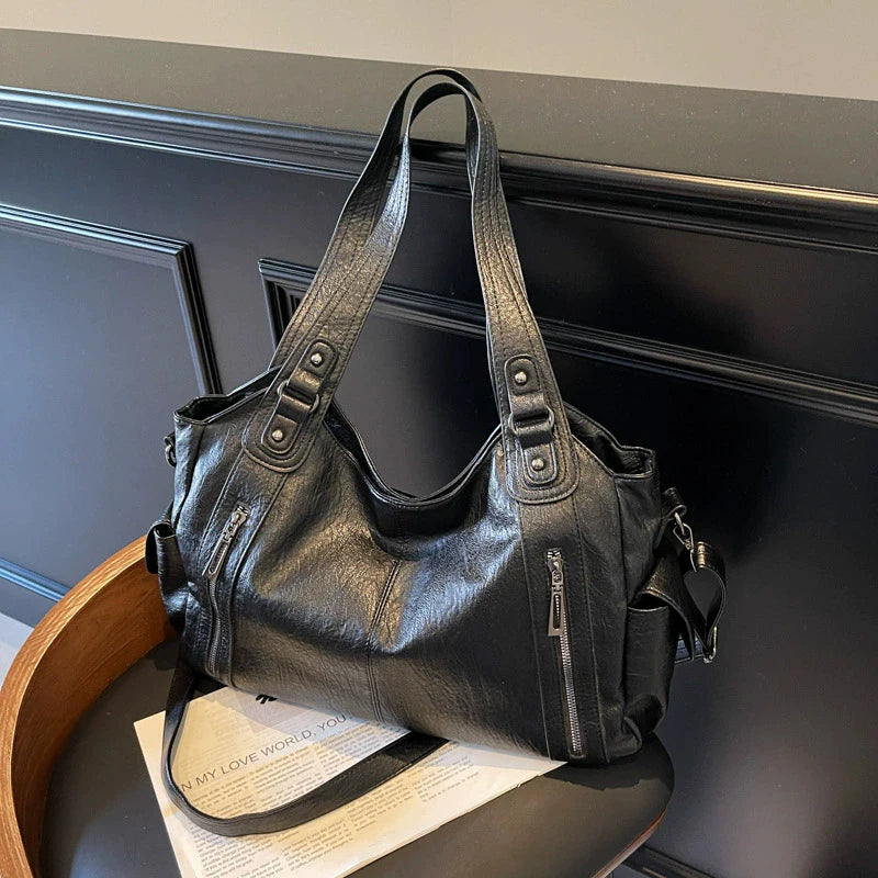 Women's PU Leather Shoulder Bag with Dual Zipper Pockets