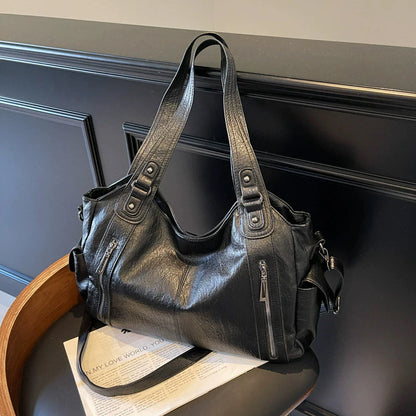 Women's PU Leather Shoulder Bag with Dual Zipper Pockets