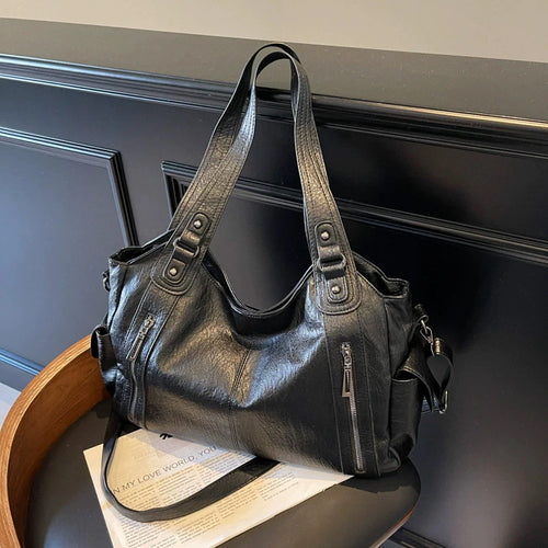 Women's PU Leather Shoulder Bag with Dual Zipper Pockets