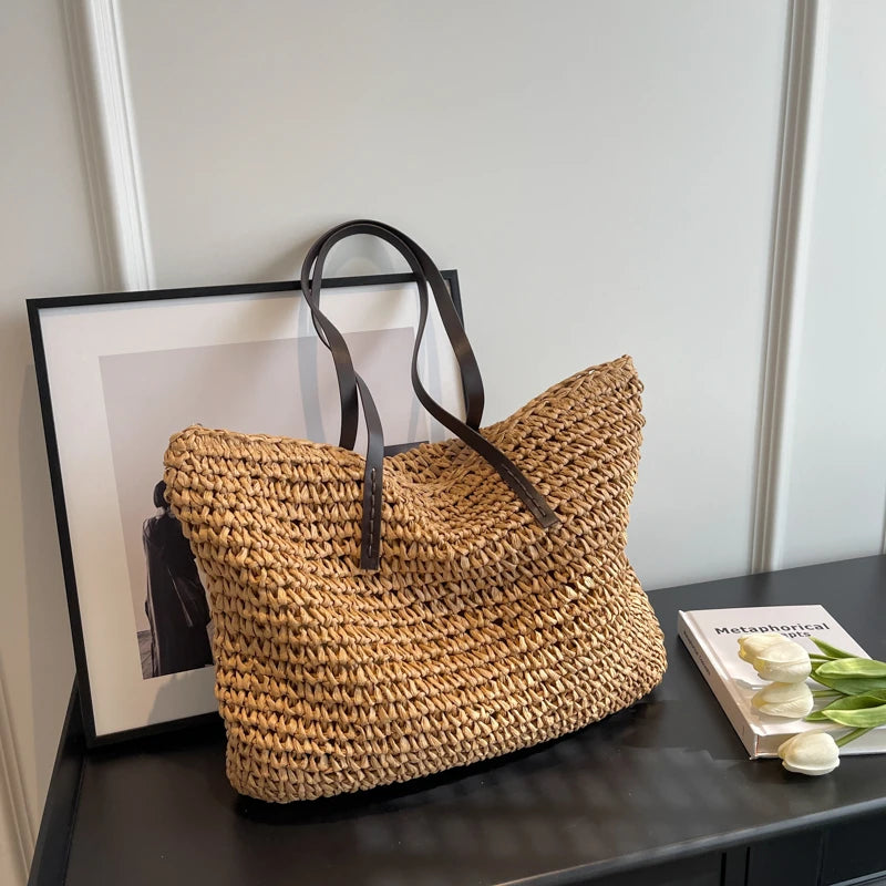 Moods Luxury Design Straw Woven Tote Bags Women Large Capacity Shoulder Beach Bag Pure Color Summer
