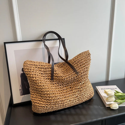 Moods Luxury Design Straw Woven Tote Bags Women Large Capacity Shoulder Beach Bag Pure Color Summer