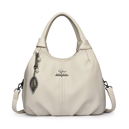 Lychee Leather Hobo Handbag – 3-Layer Shoulder & Crossbody Bag with Leaf Pendant