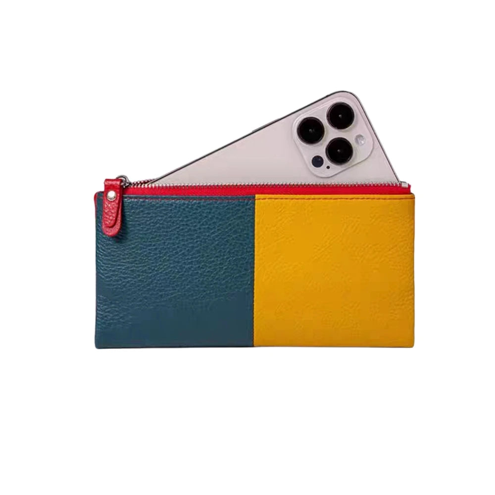 Genuine Leather Tri-Fold Long Wallet for Women – Patchwork Color-Block Purse