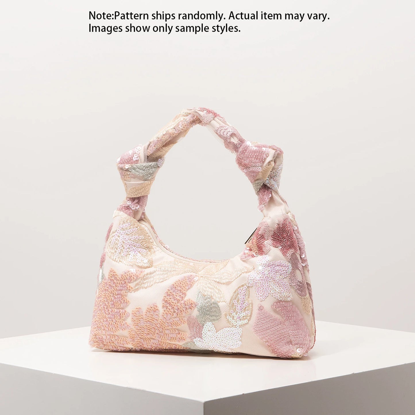 Floral Sequin Hobo Bag – Embroidery Knotted Handle Shoulder Purse