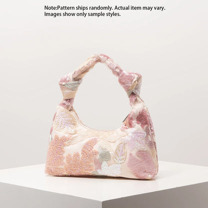 Floral Sequin Hobo Bag – Embroidery Knotted Handle Shoulder Purse