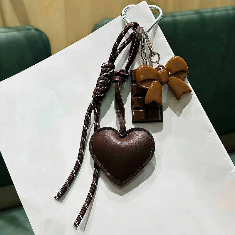 PU Leather Heart & Bow Keychain with Woven Rope Tassel