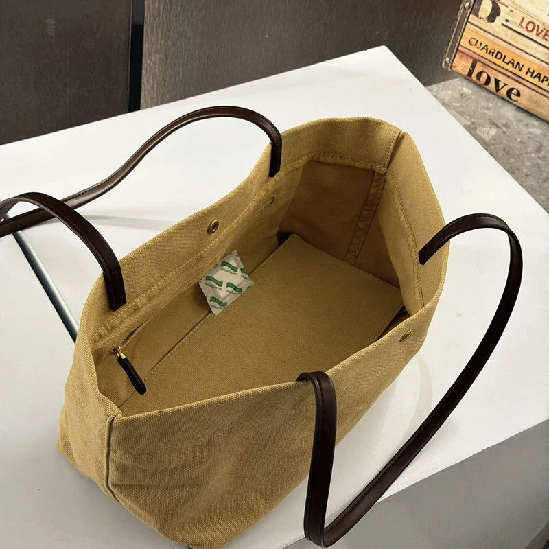 Canvas Tote Bag with Leather Straps – Large Capacity Women's Shoulder Bag