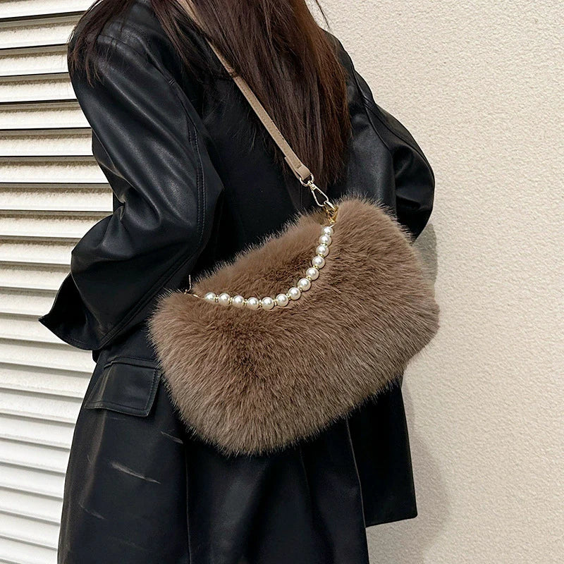Plush Faux Fur Crossbody Bag with Pearl Chain Strap