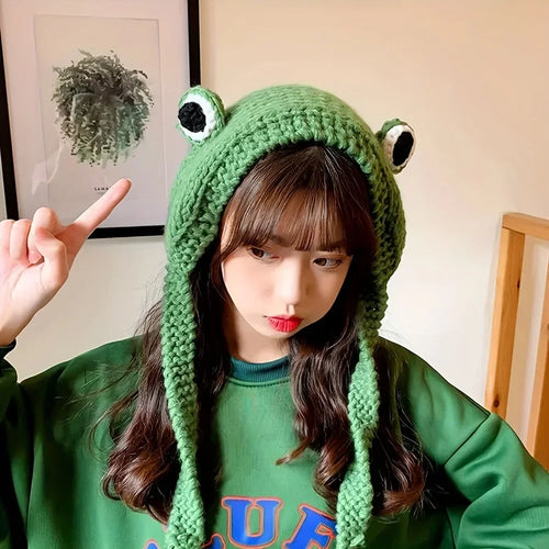 Frog Beanie Hat – Cute Knitted Winter Skull Cap for Women