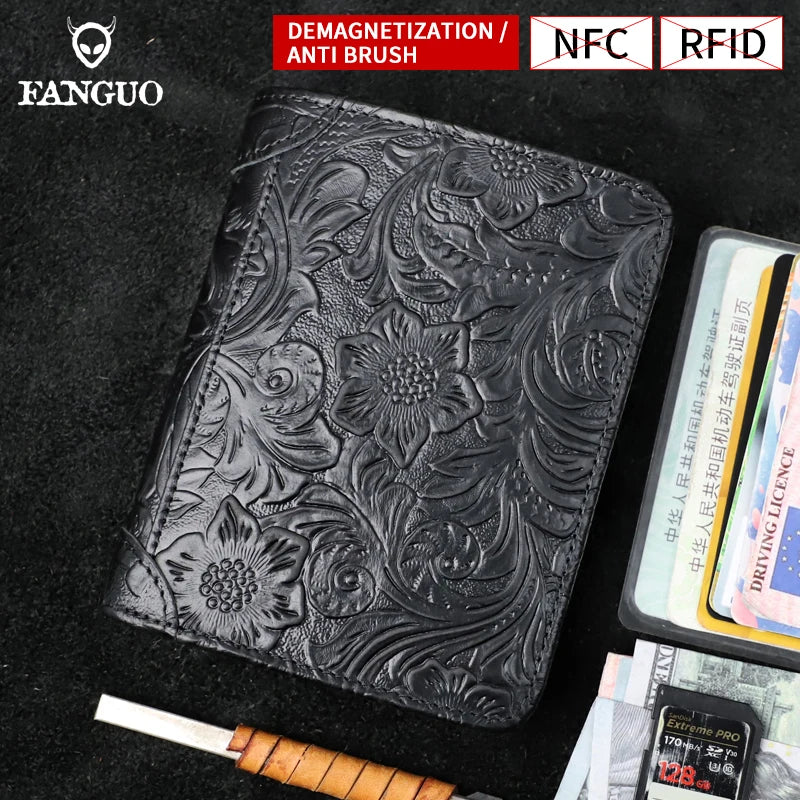RFID Genuine Leather Men's Short Wallet – Floral Embossed Bifold