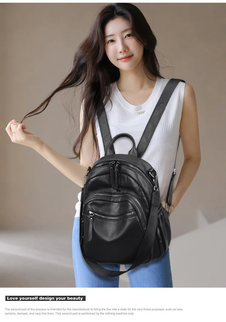 Genuine Leather Women Backpack – Triple-Zip Luxury