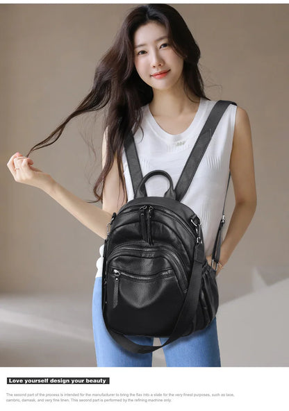 Genuine Leather Women Backpack – Triple-Zip Luxury