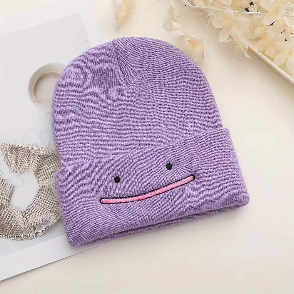 Embroidered Smile Knit Beanie – Stretchy Winter Hat