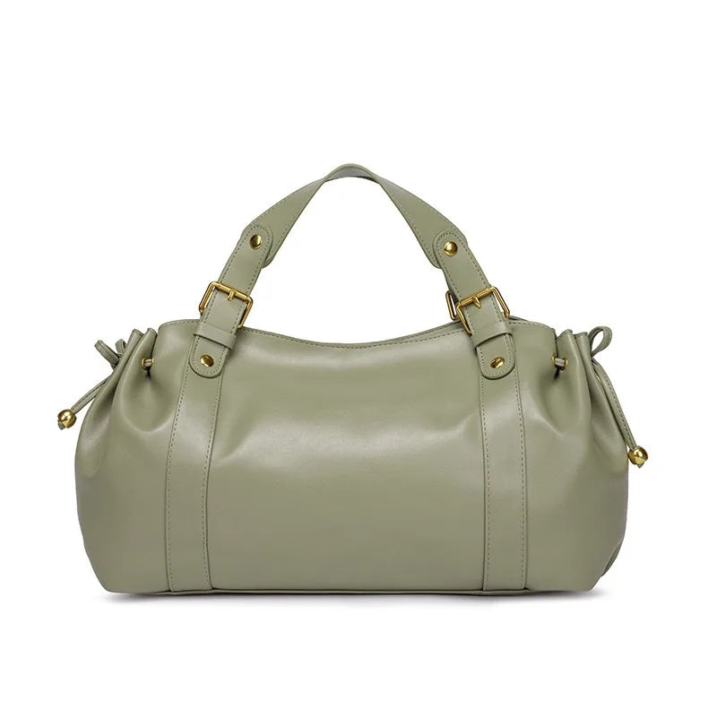 Vintage Large Ruched Drawstring Soft Leather Tote Bag Women S Crossbody Simple Handbag Commuter