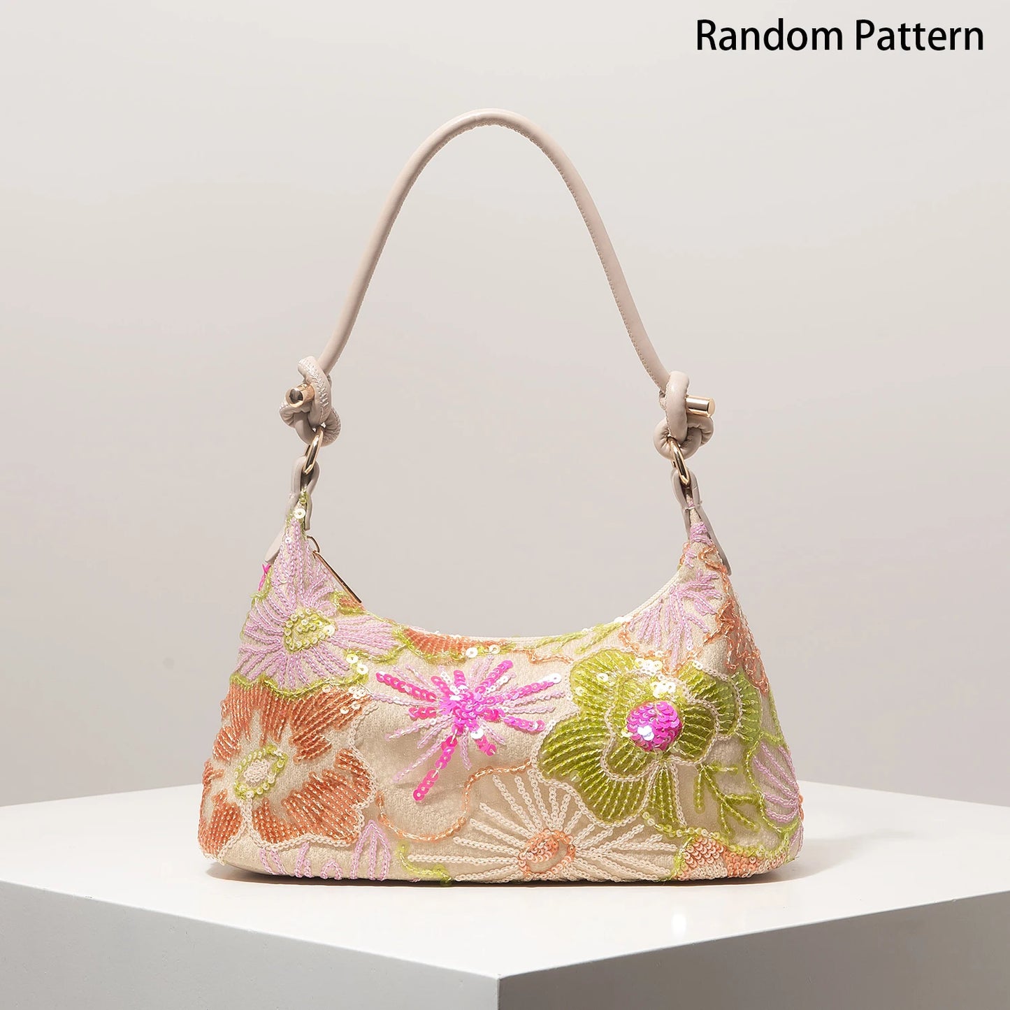 Sequin Floral Embroidery Shoulder Bag for Women