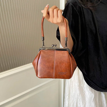 Moods Retro Style Top-Handle Bags Women Kiss Lock Pure Color Pu Leather Shoulder Crossbody Bag