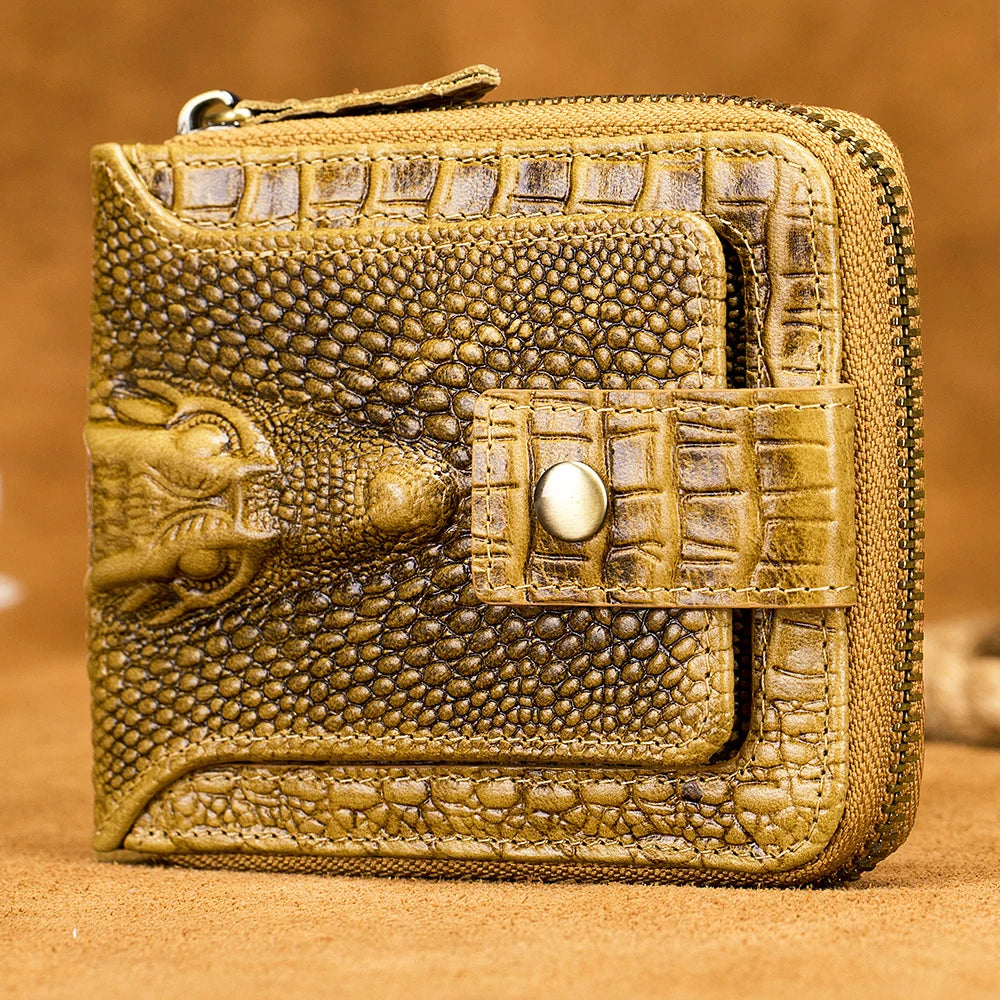 Men's Leather Wallet – Crocodile Pattern Zip-Around with Card Slots