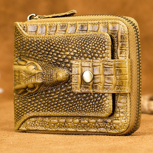 Men's Leather Wallet – Crocodile Pattern Zip-Around with Card Slots