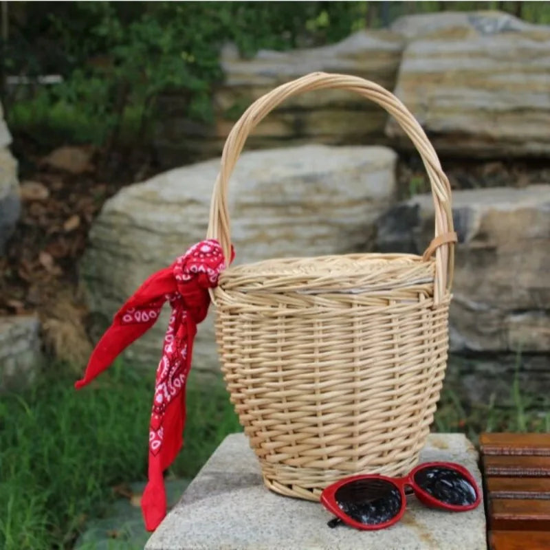Wicker Basket Bag - Handwoven Straw Tote for Summer Beach